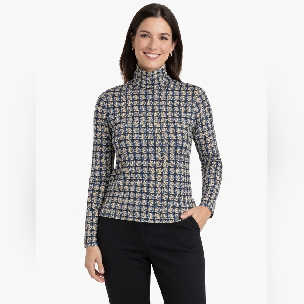 J Mclaughlin Nora Stretch Knit Top Turtleneck Abstract Print Women's Large‎ Blue